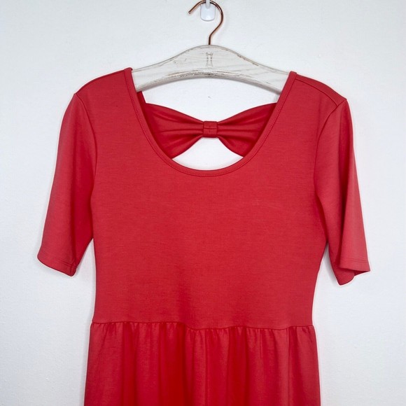 Garnet Hill Womens Knit Dress Size Small Coral Short Sleeve Bow Open Back Casual - Picture 2 of 8